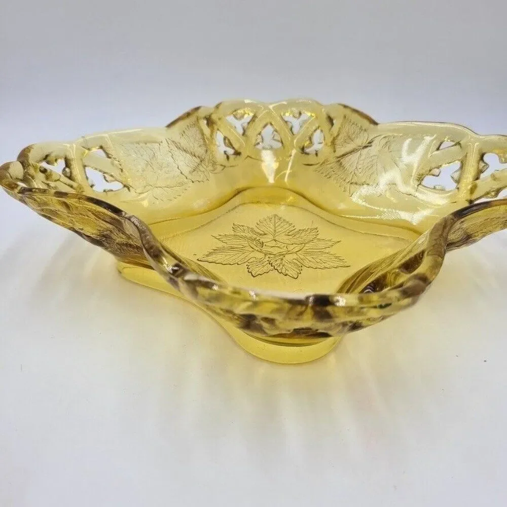 Vintage Art Glass Amber Harvest Gold Dish Scalloped Rose Embossed 11.5